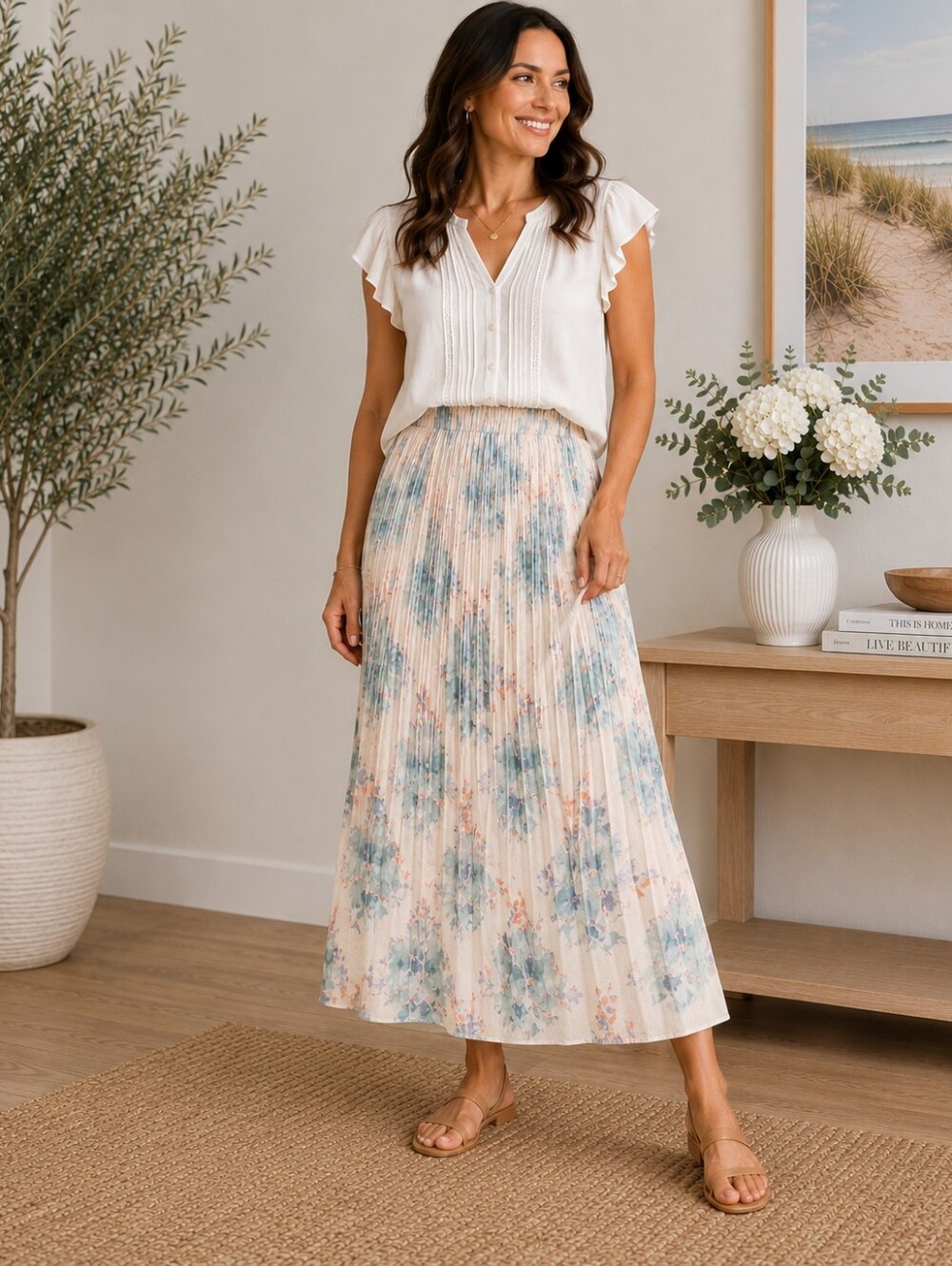 A-210 Inmod Watercolor Floral Pleated Midi Skirt Lined Medium